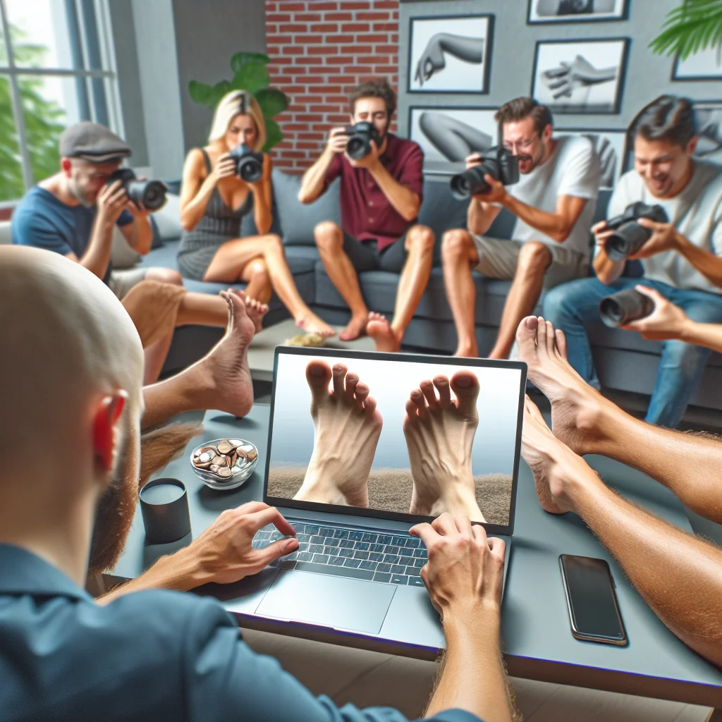 Woman using pagina para vender fotos de pies feet finder platform on laptop to sell foot photos online