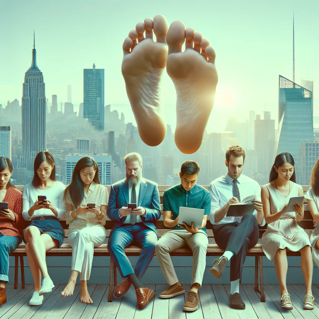 Woman displaying sale feet pics for free with colorful nail polish and soft lighting, promoting online foot photo offers